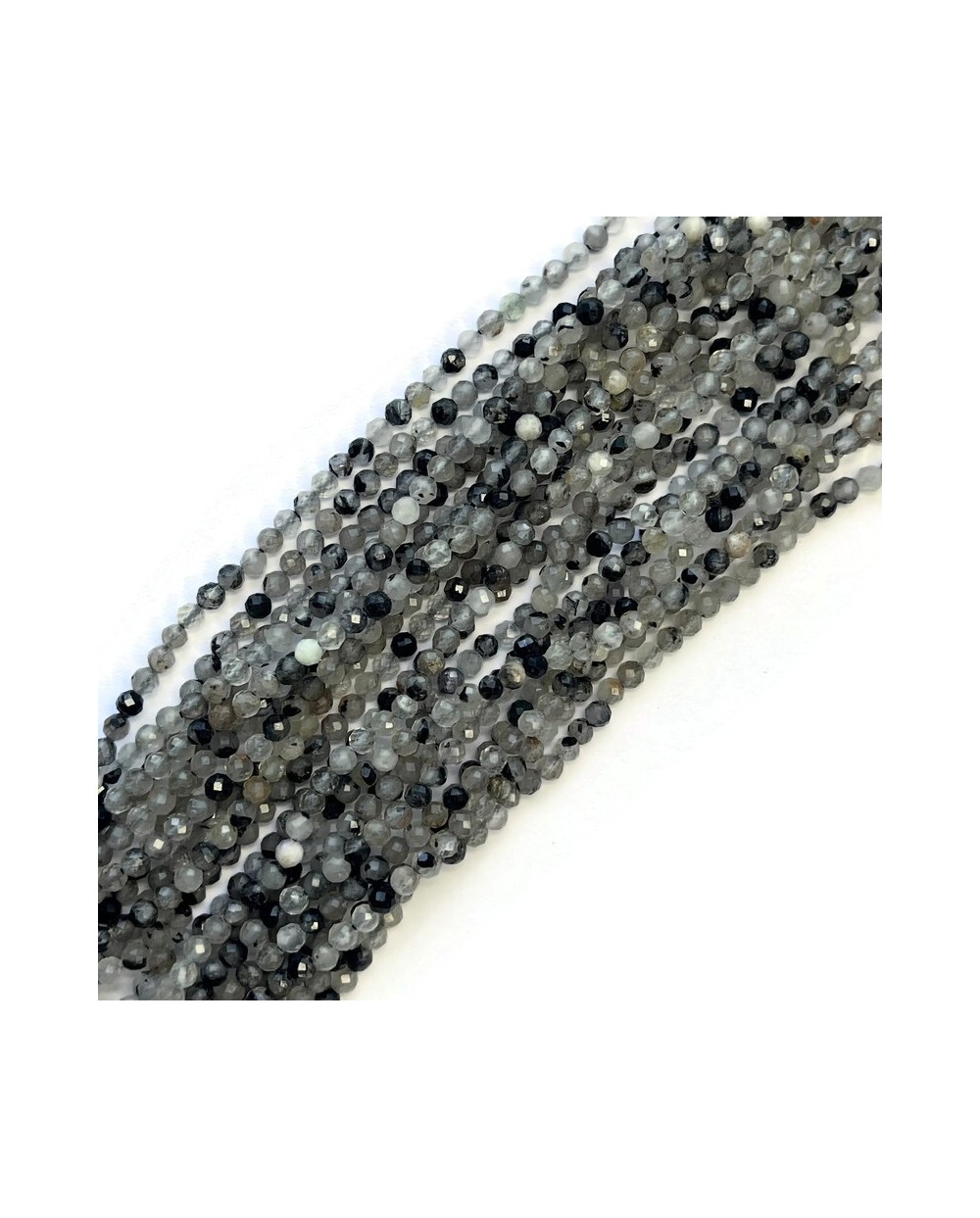 Turmalin czarny brazylia z Kryształem Górskim kulka fasetowana ok 3-3,5mm sznur