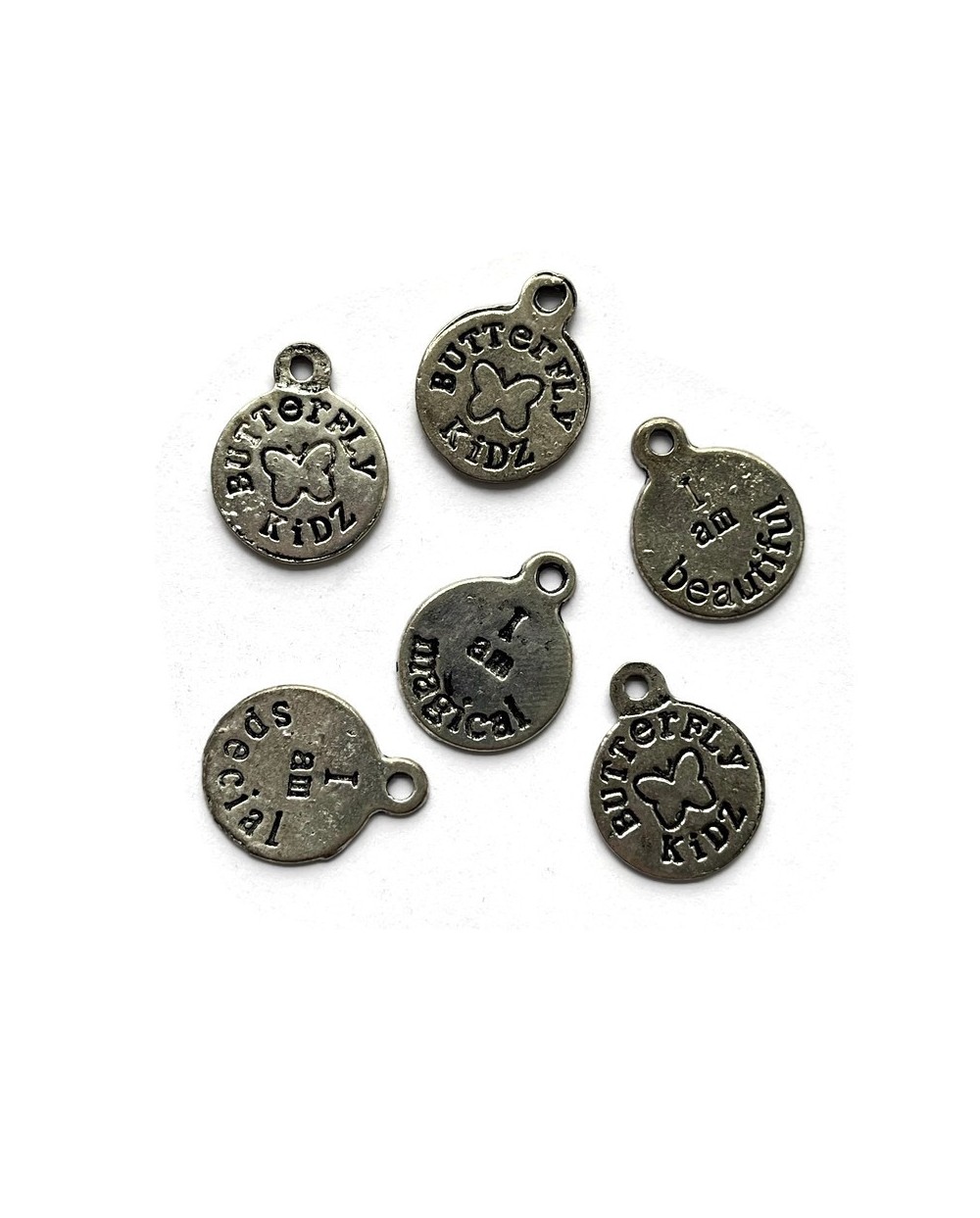 Zestaw zawieszek kółka z napisami mix 5 sztuk 17x15mm