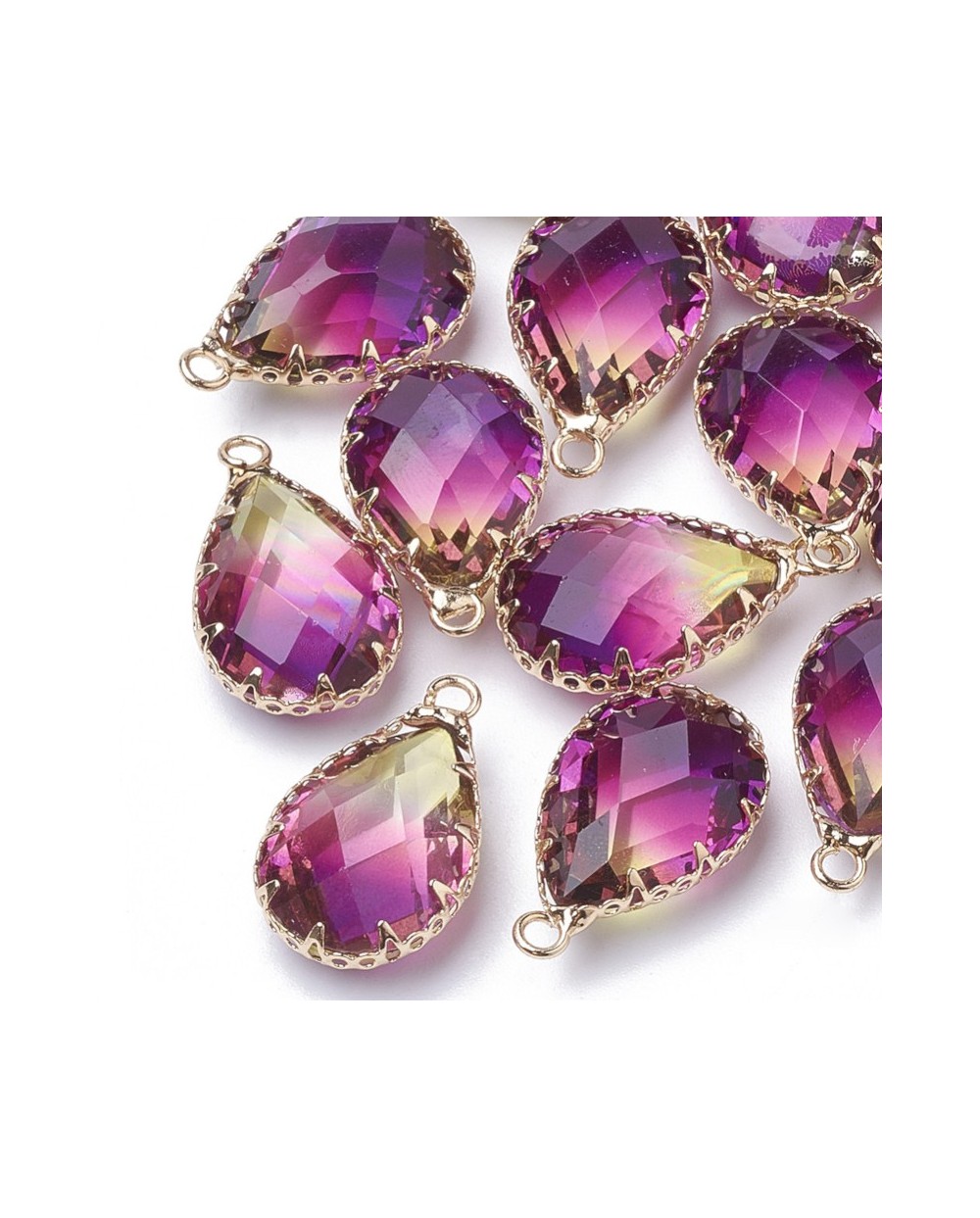 Zawieszka łezka szklana 23x14x8mm, fasetowane w oprawie róż-żółty