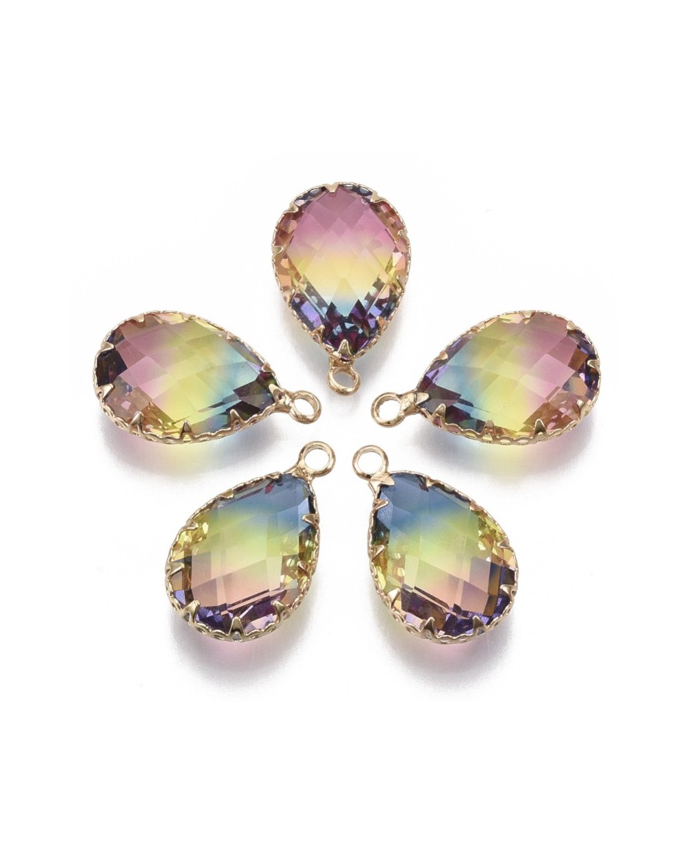 Zawieszka łezka szklana 23x14x8mm, fasetowane w oprawie niebieski-żółty-róż