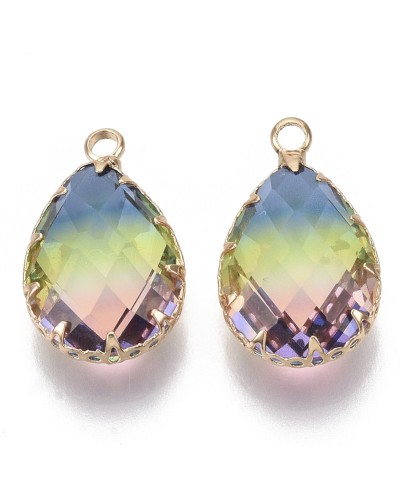 Zawieszka łezka szklana 23x14x8mm, fasetowane w oprawie niebieski-żółty-róż