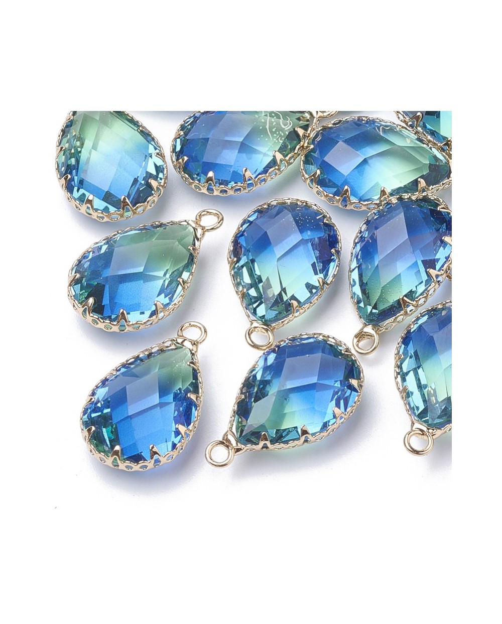 Zawieszka łezka szklana 23x14x8mm, fasetowane w oprawie zielono-niebieskie