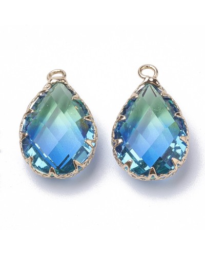 Zawieszka łezka szklana 23x14x8mm, fasetowane w oprawie zielono-niebieskie