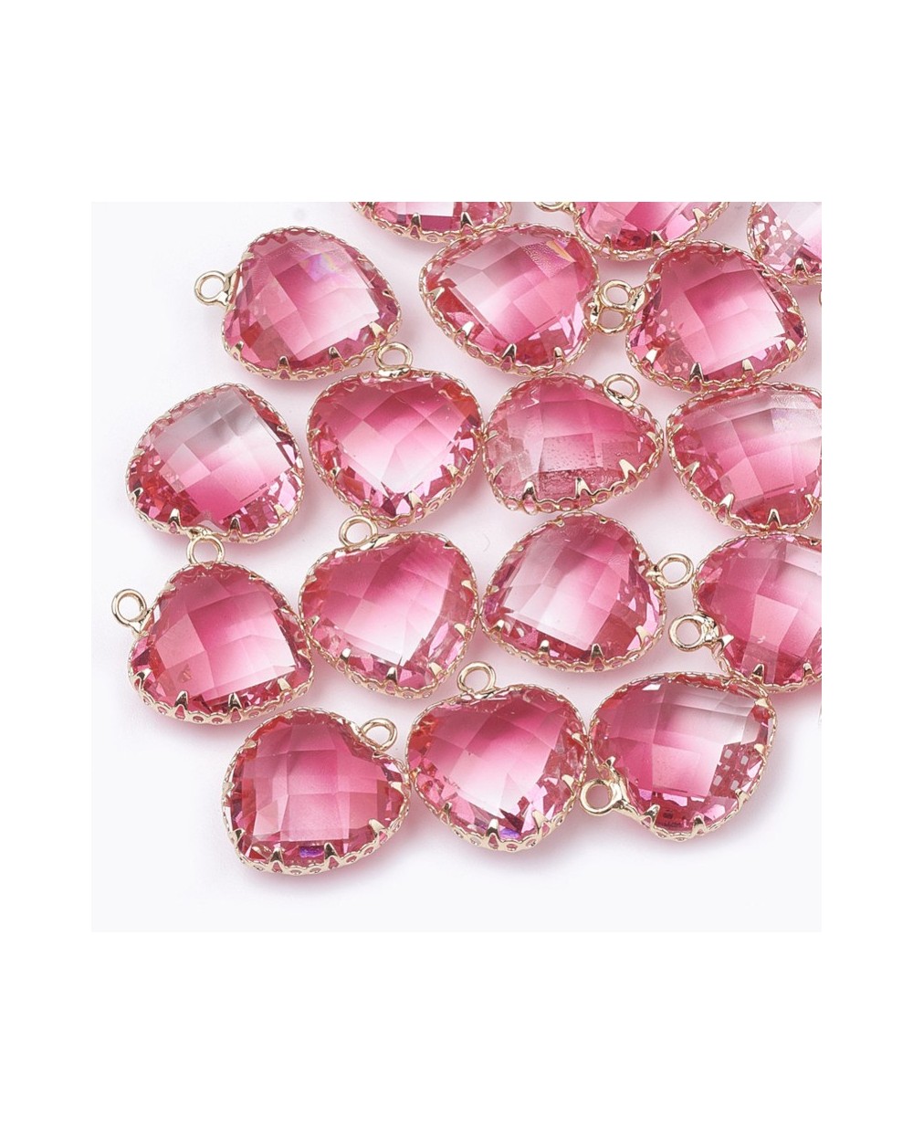 Zawieszka serce szklane 20x16x8mm, fasetowane w oprawie różowe przezroczyste