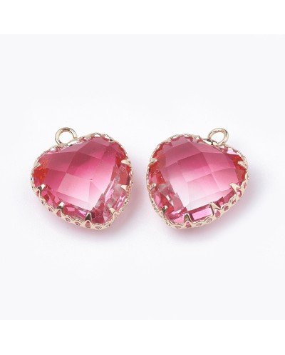 Zawieszka serce szklane 20x16x8mm, fasetowane w oprawie różowe przezroczyste