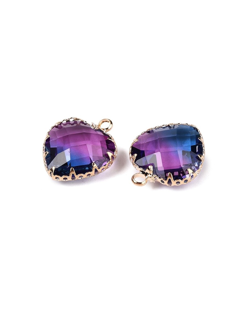 Zawieszka serce szklane 20x16x8mm, fasetowane w oprawie fioletowo-granatowe