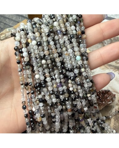 Kamienie Naturalne Kryształ górski i turmalin mix kulki fasetowane ok 3-3,5mm sznurek mix