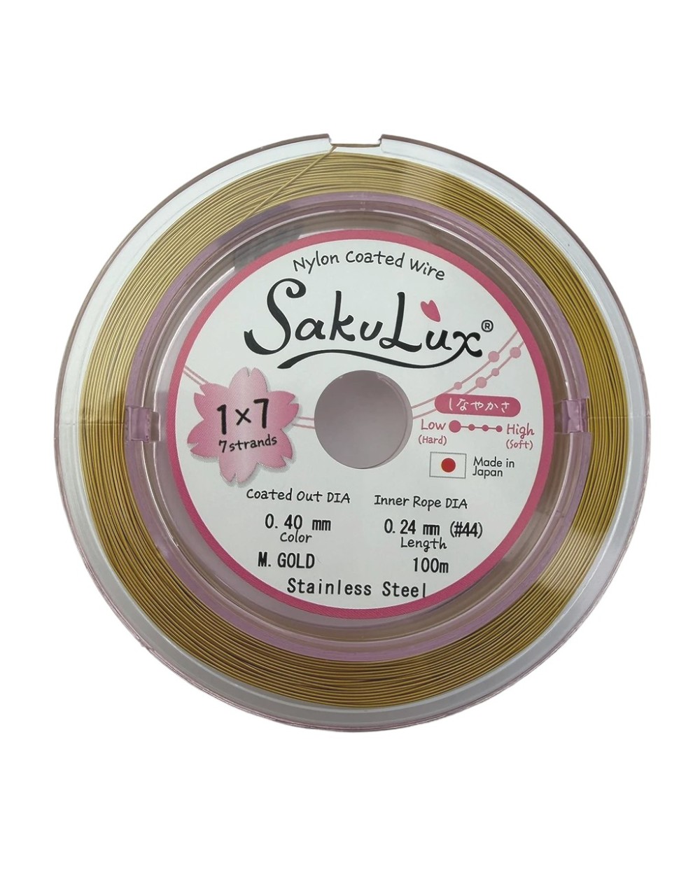 Linka stalowa jubilerska Japońska SakuLux  0,4mm Szpulka 100 metrów medium gold 1x7