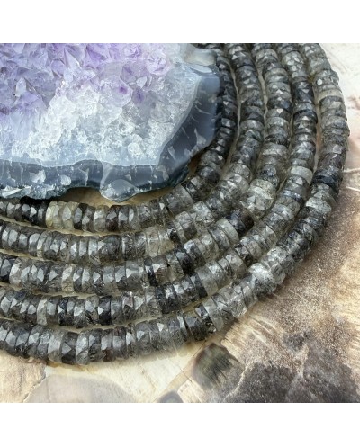 Kamień naturalny czarny turmalin z kryształem górskim dysk heishi fasetowany ok 6x3mm sznurek