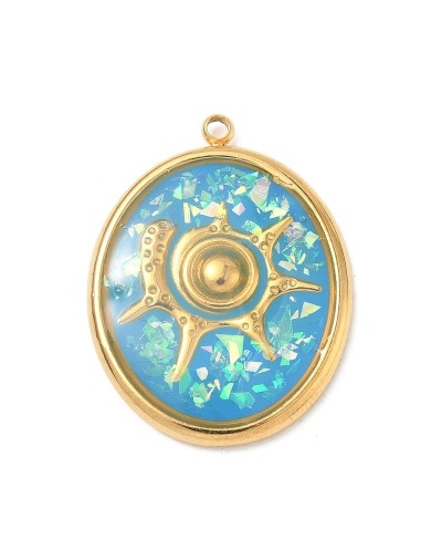 Zawieszka morska z muszlą ciętą zatopioną w żywicy 25x19x3mm stal nierdzewna złota