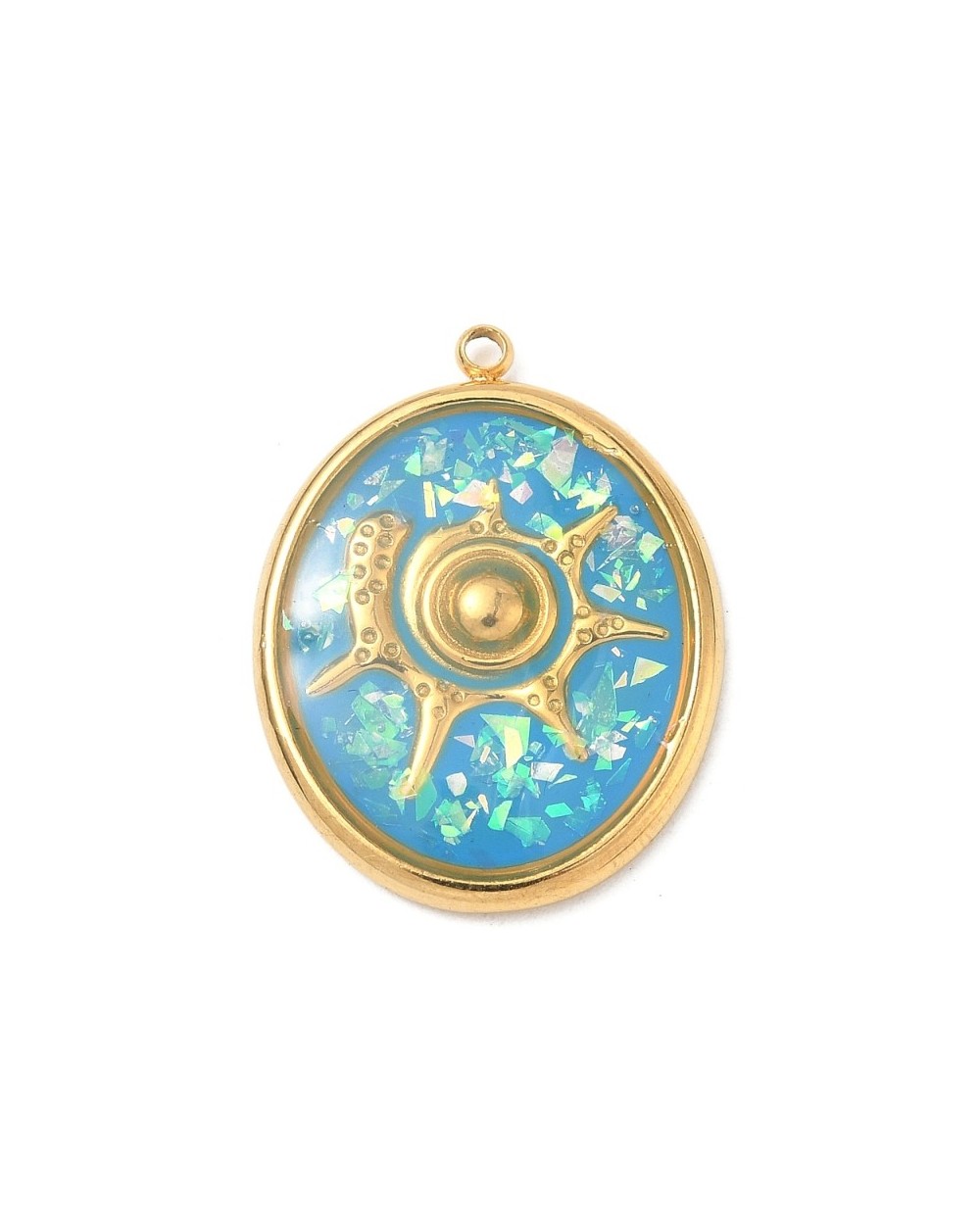 Zawieszka morska z muszlą ciętą zatopioną w żywicy 25x19x3mm stal nierdzewna złota