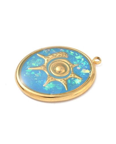 Zawieszka morska z muszlą ciętą zatopioną w żywicy 25x19x3mm stal nierdzewna złota