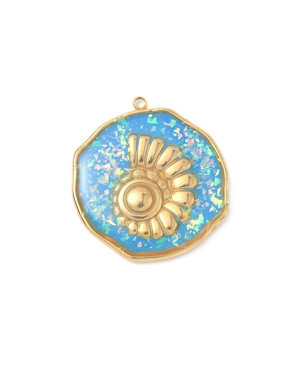 Zawieszka morska z muszlą ciętą zatopioną w żywicy 28x26x3mm stal nierdzewna złota