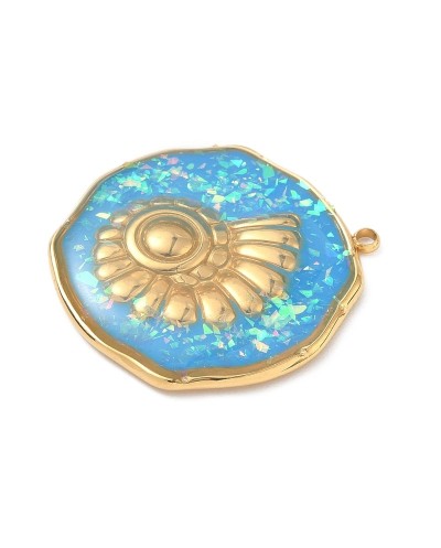 Zawieszka morska z muszlą ciętą zatopioną w żywicy 28x26x3mm stal nierdzewna złota