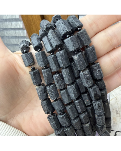 Kamień naturalny Turmalin czarny walec matowy ok 10.5~12.5x7~7.5mm, sznurek ok 19 cm